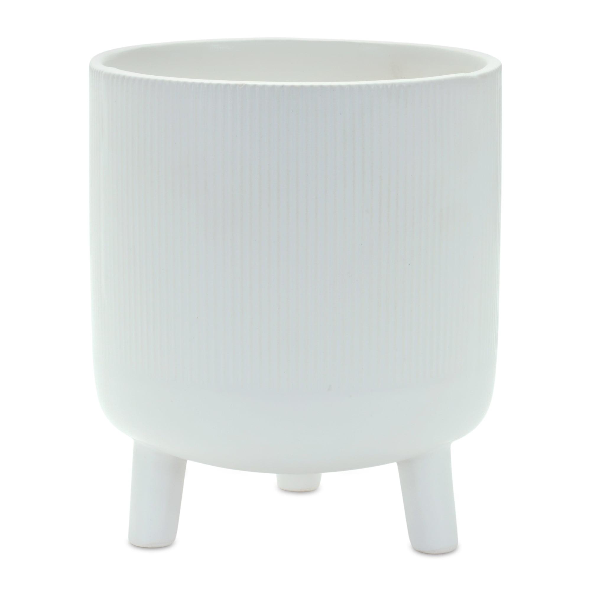 Bright White Glazed Dolomite Decorative Pot with Footed Design