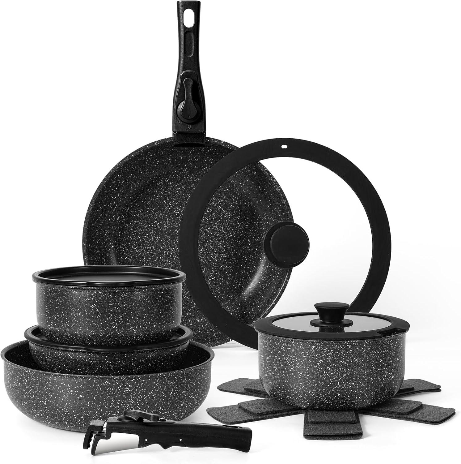 Black Aluminum 15-Piece Nonstick Cookware Set with Detachable Handle