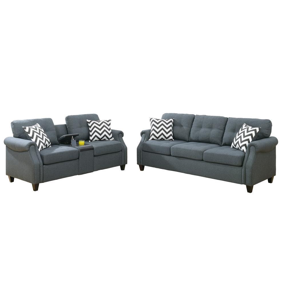 Blue Gray 2-Piece Linen Sofa and Loveseat Set with USB Console