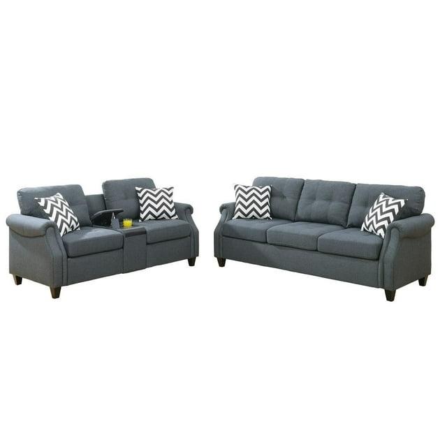 Poundex 2 Piece Fabric Sofa Set with USB Console in Blue Gray