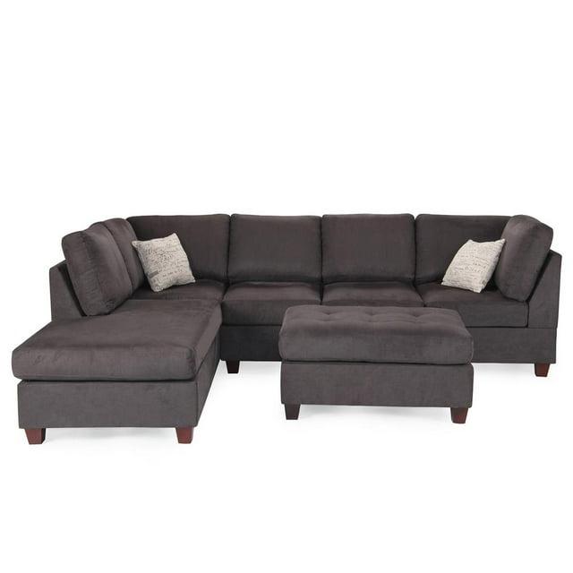 Poundex 3 Piece Fabric Sectional Sofa Set with Ottoman in Ebony Gray