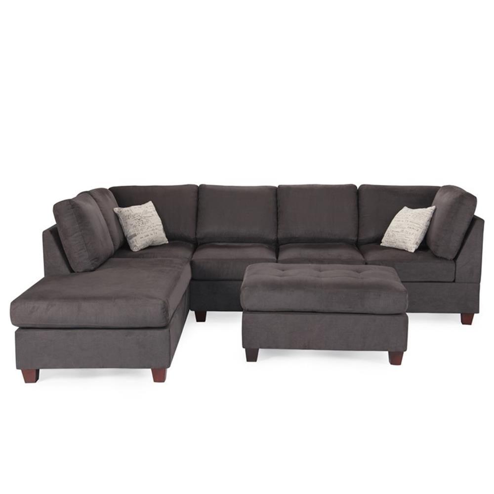 Poundex 3 Piece Fabric Sectional Sofa Set with Ottoman in Ebony Gray