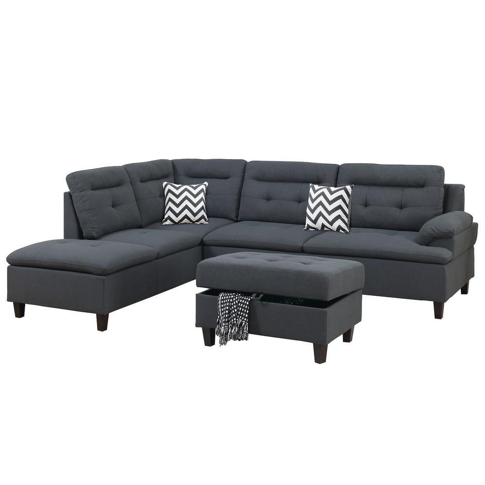 Poundex 3 Piece Fabric Sectional Sofa Set with Storage Ottoman in Charcoal Gray