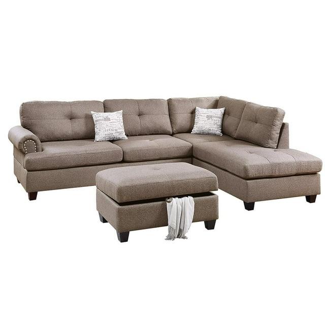 Poundex 3 Piece Fabric Sectional Sofa Set with Storage Ottoman in Light Coffee