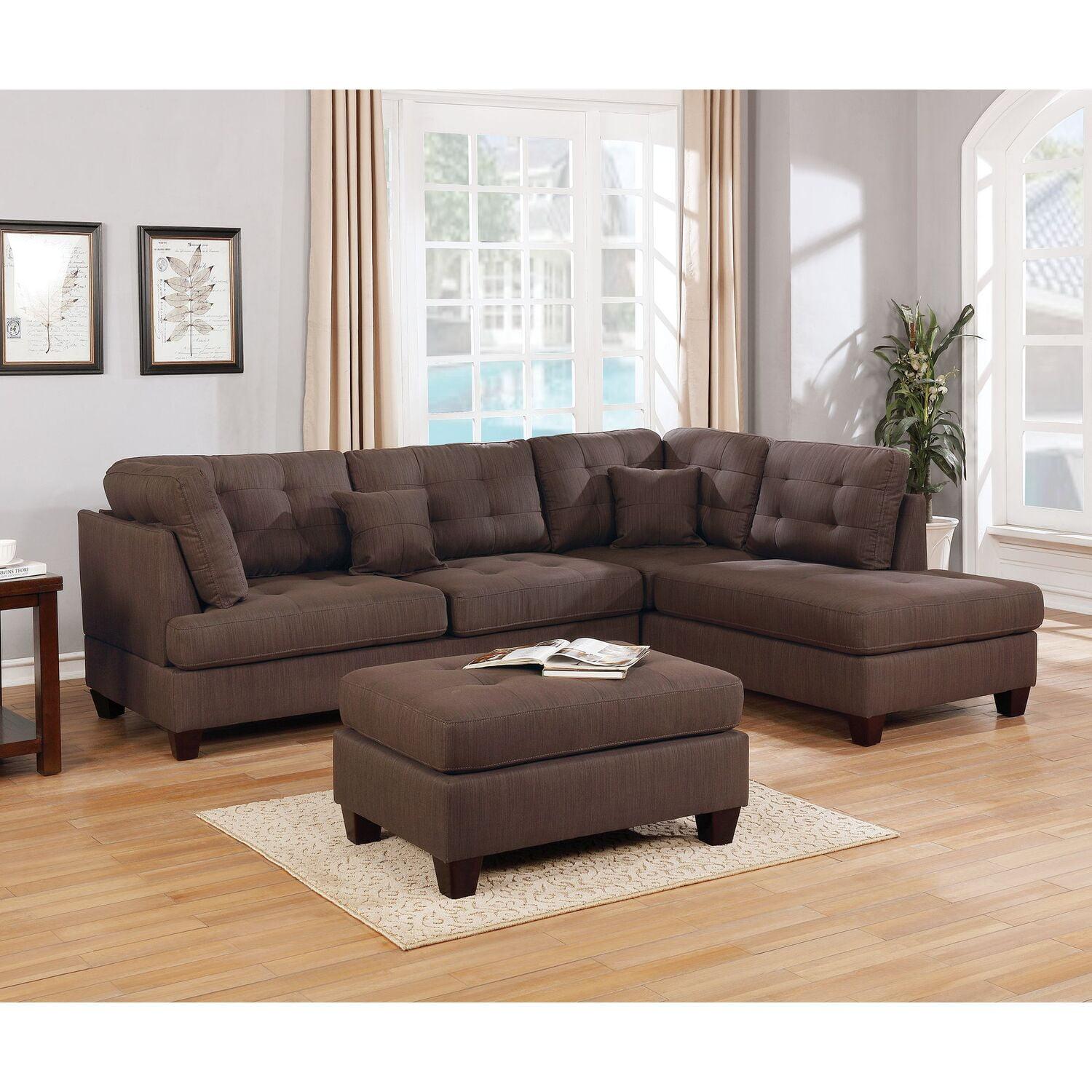 Poundex Fabric 3 Piece Sectional Sofa Set with Ottoman in Black Coffee