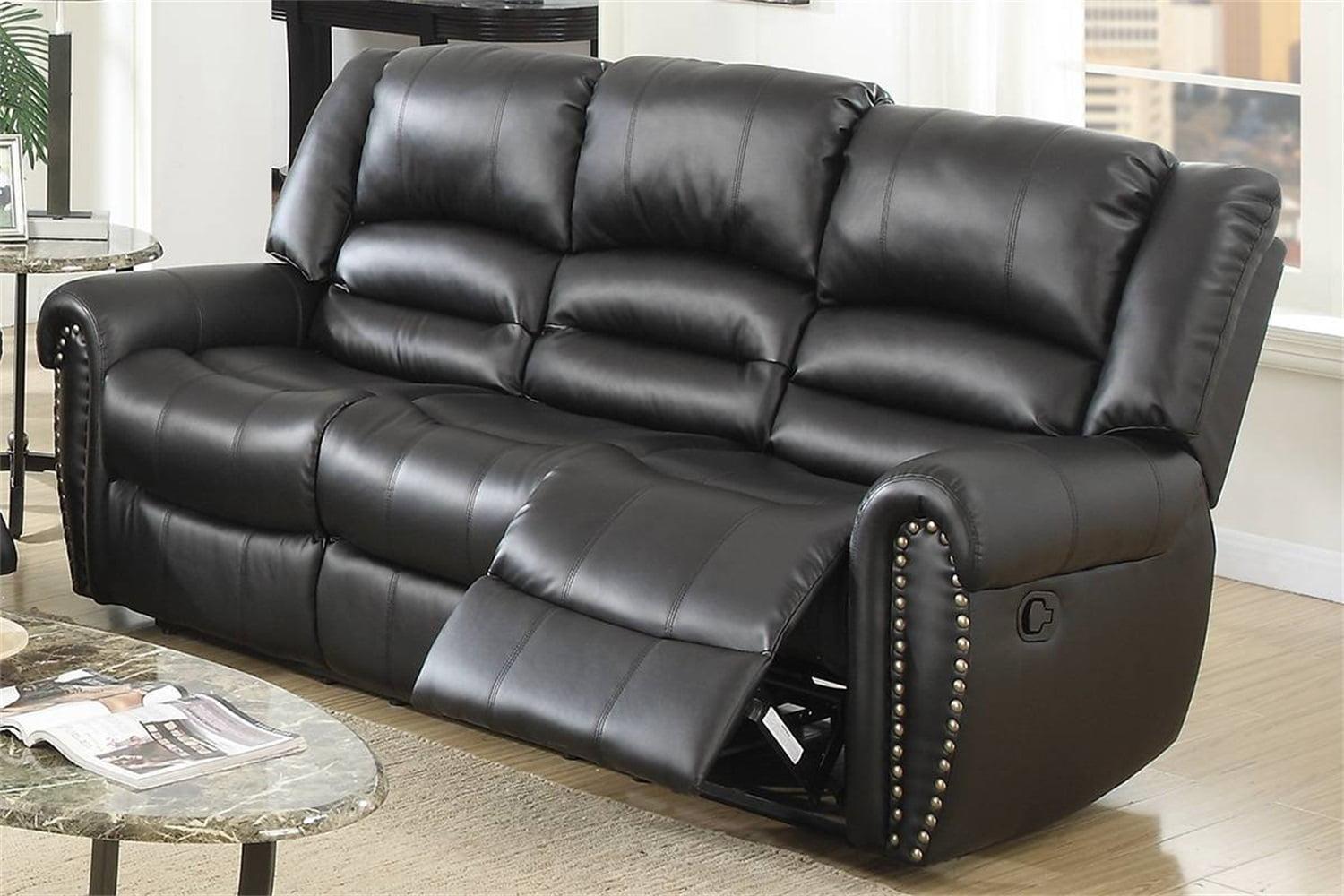 Black Bonded Leather Reclining Sofa with Nailhead Trim