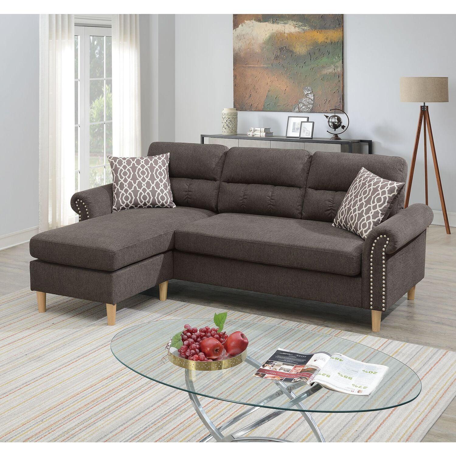 Tan Velvet Tufted Sectional with Ottoman and Rolled Arms