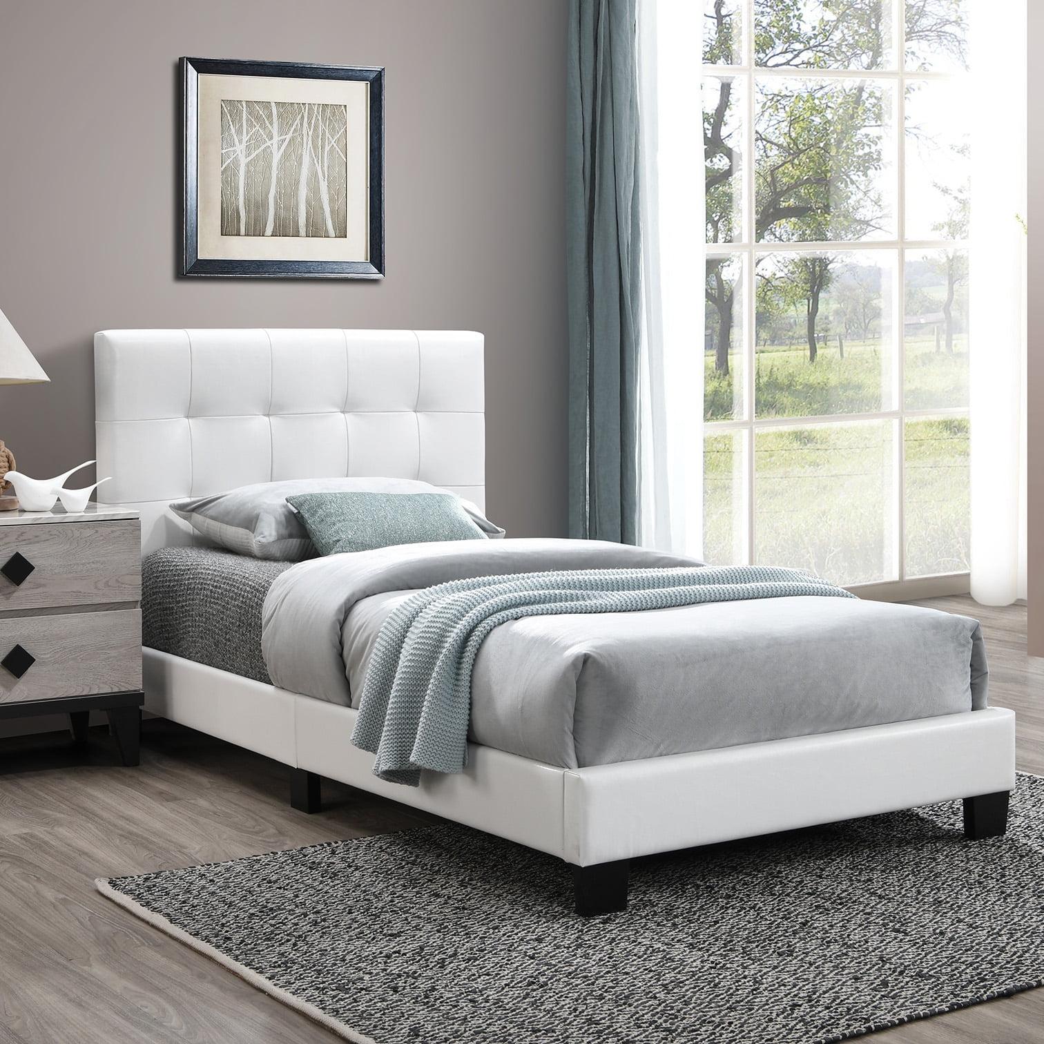 White Twin Faux Leather Upholstered Bed Frame with Tufted Headboard