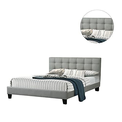Elegant Gray Queen-Sized Tufted Upholstered Platform Bed with Slats