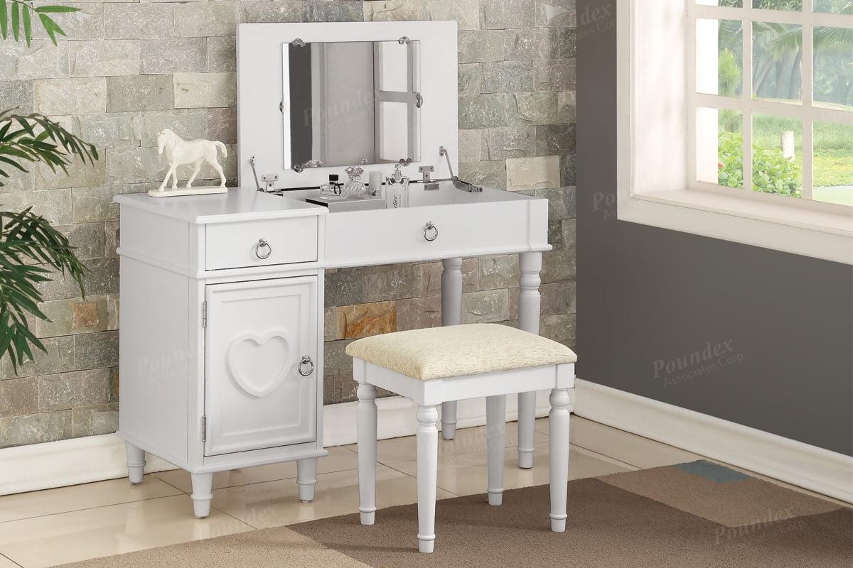 White Wooden Vanity Set with Mirror and Bench