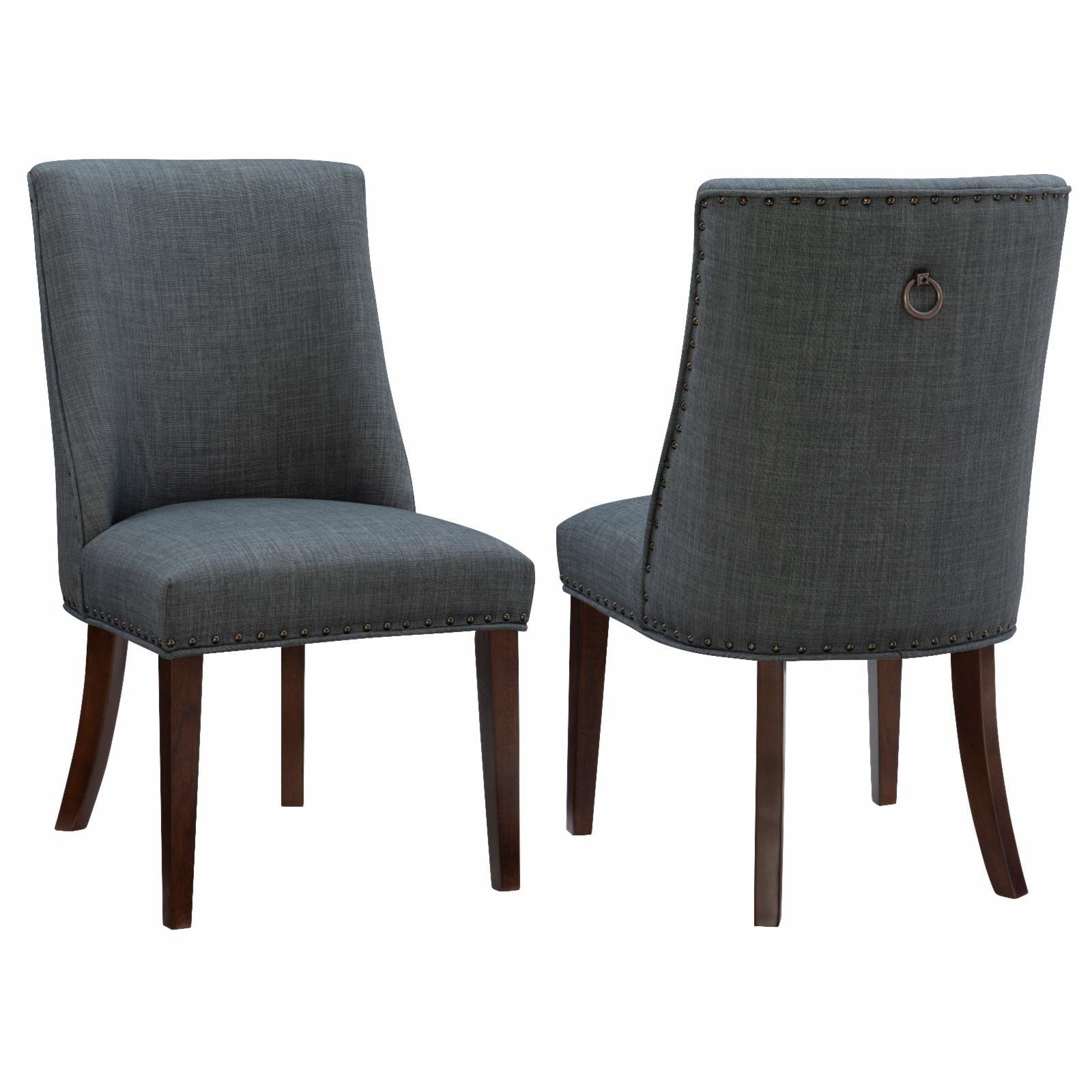 Espresso Wood & Gray Linen Upholstered Dining Chair Set with Bronze Nailhead Trim