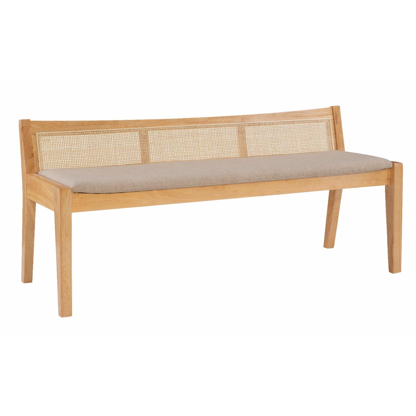 Elegant Natural Wood and Beige Linen Storage Bench with Rattan Back