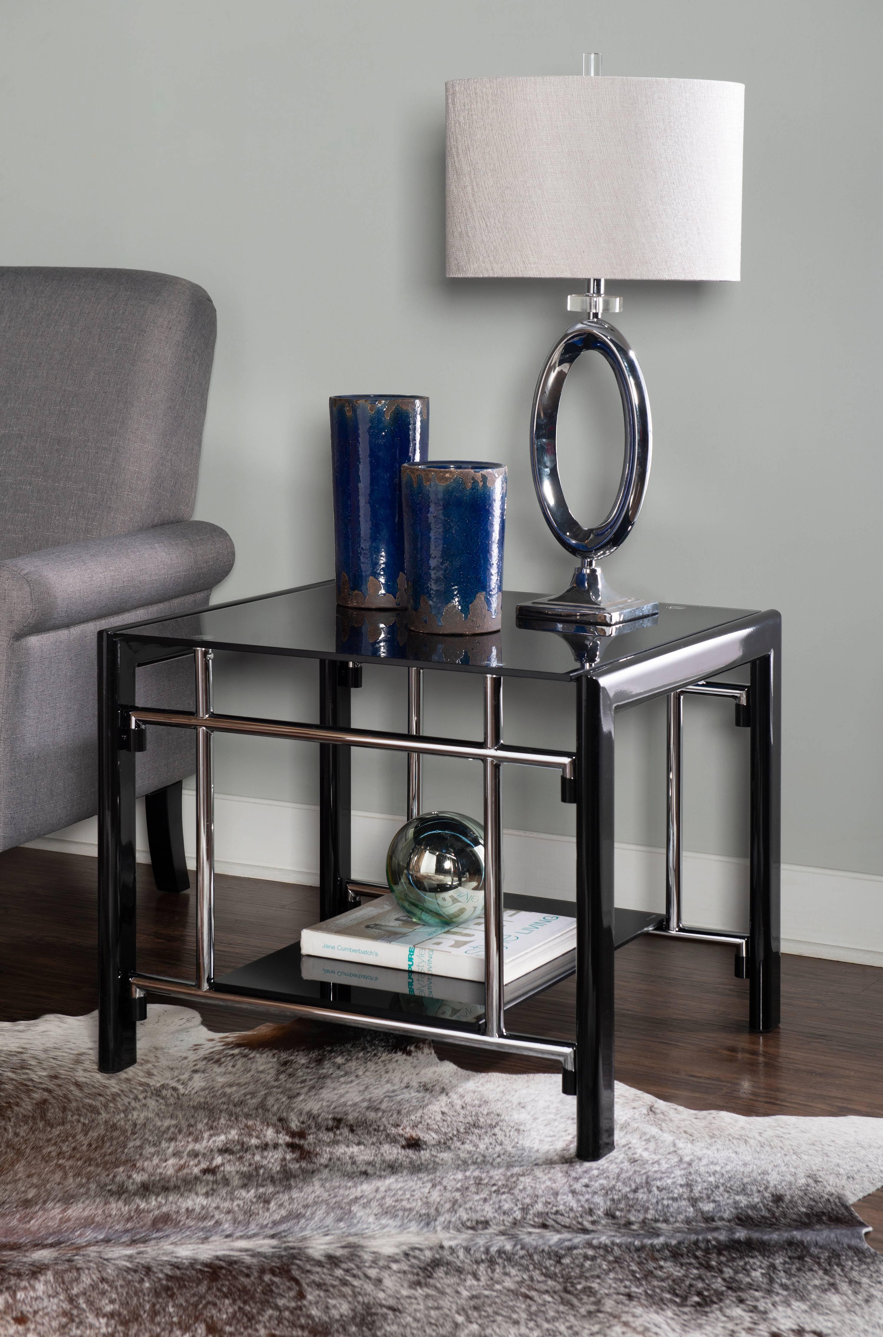 Powell Black Glass and Chrome End Table with Shelf