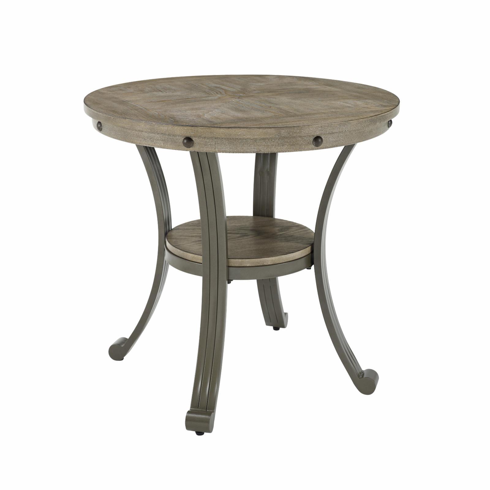 Transitional Ash Veneer Round Side Table with Pewter Metal Base