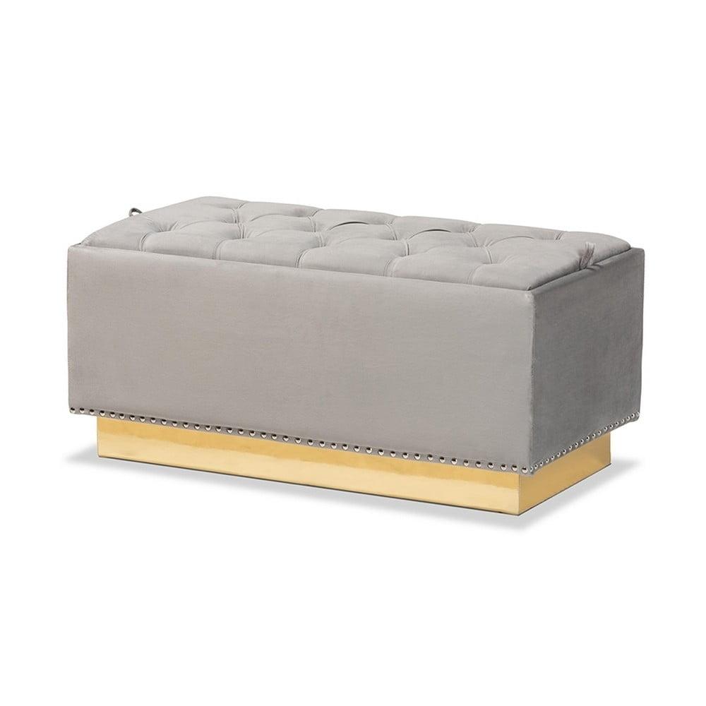 Luxurious Grey Velvet and Gold PU Leather Tufted Storage Ottoman