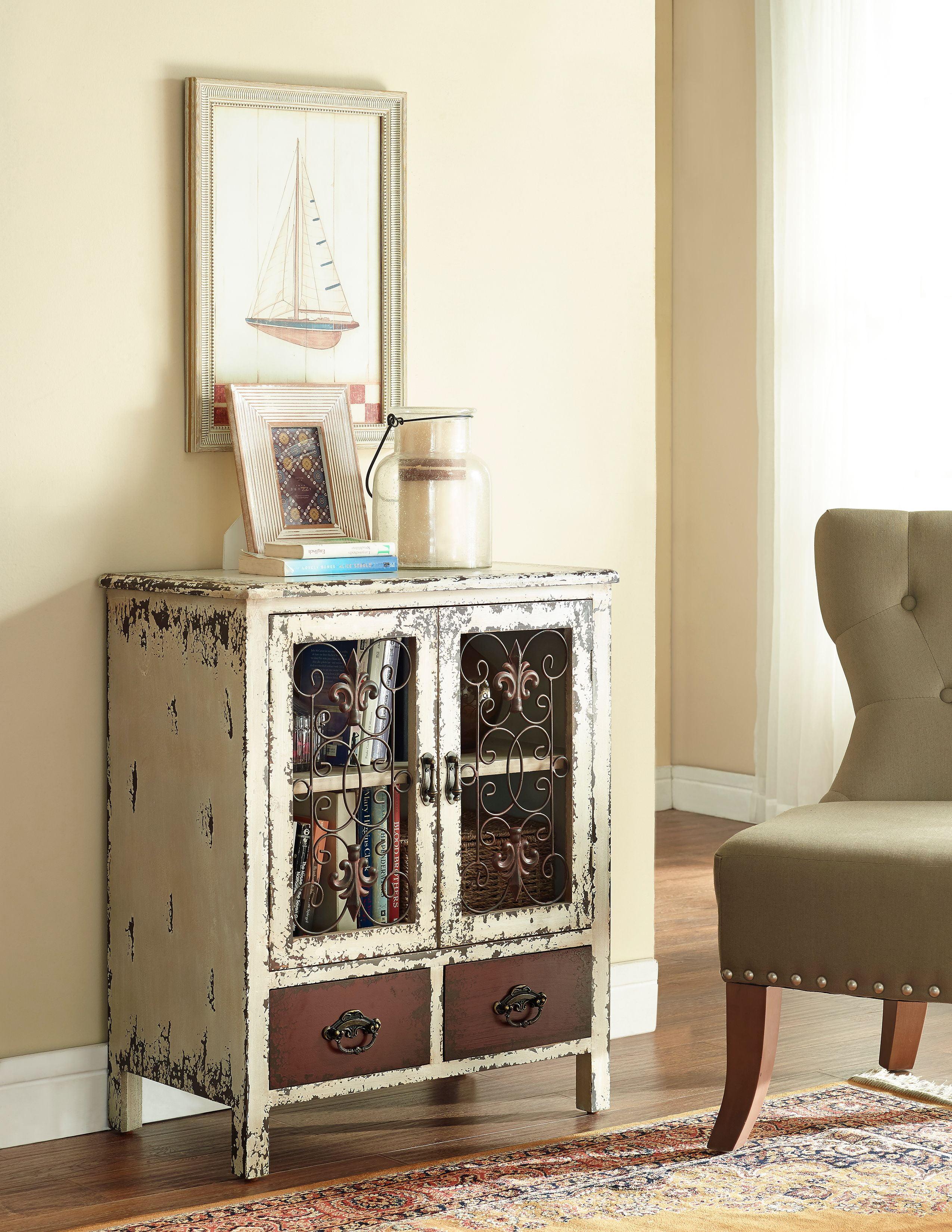 Antique White Wood and Metal Console with Storage