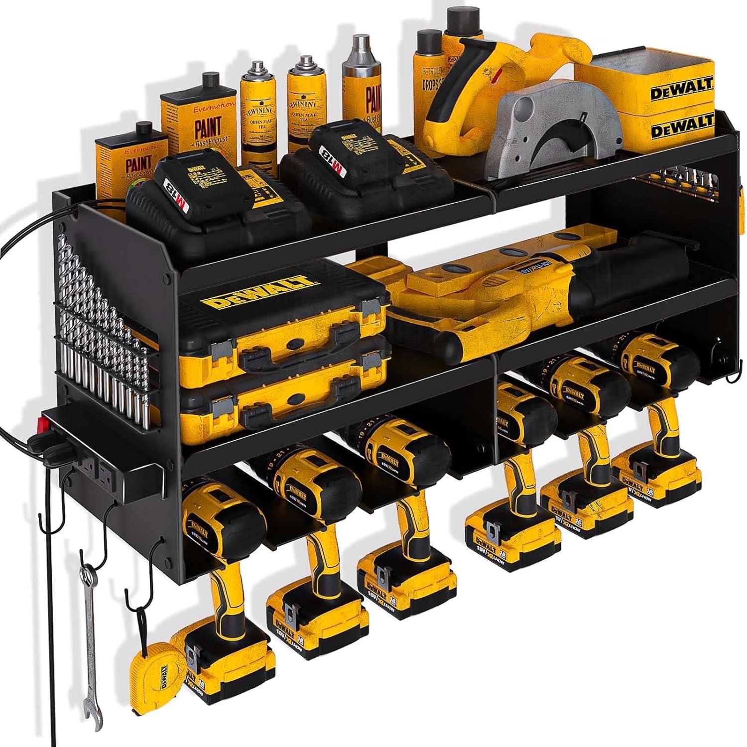 Spampur Power Tool Organizer Wall Mount with Charging Station, Garage Tool Shelf 6 Drill Holders, Tool Battery Holder with Plier holder Heavy Duty Rack, Tool Storage Rack with 4 Outlet Power Strip