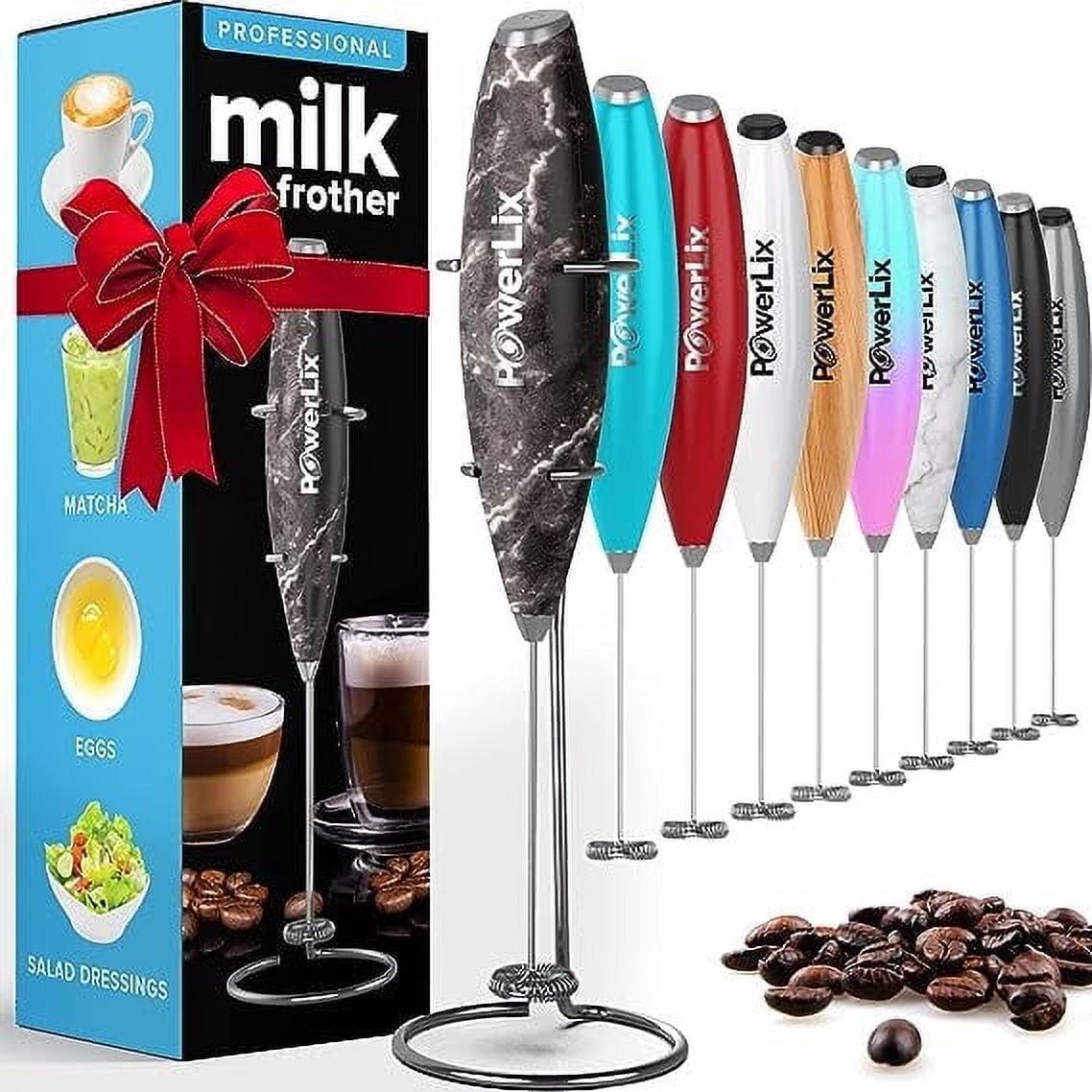 PowerLix Milk Frother Handheld Battery Operated Electric Whisk Foam Maker For Coffee With Stainless Steel Stand Included - Black Marble