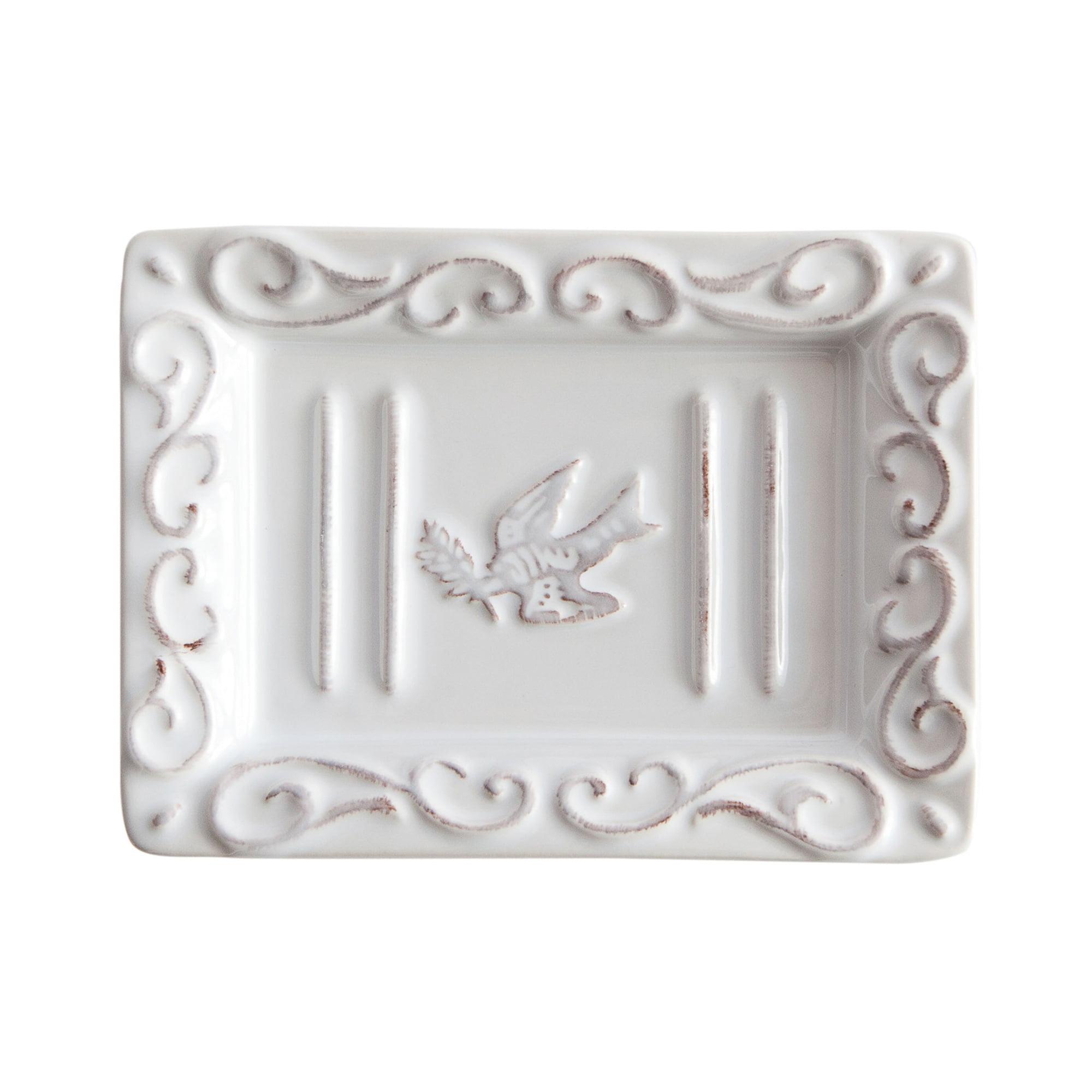 White Ceramic Rectangular Soap Dish with Embossed Design