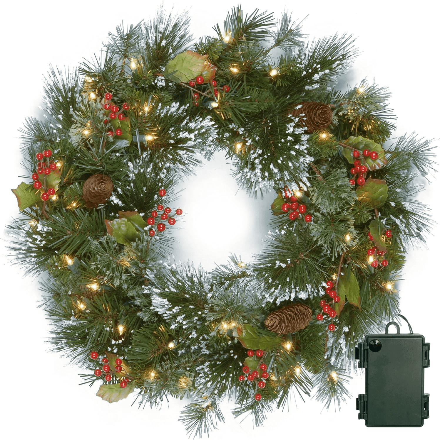 24" Prelit Wintry Pine Christmas Wreath with Cones and Berries White Lights - National Tree Company