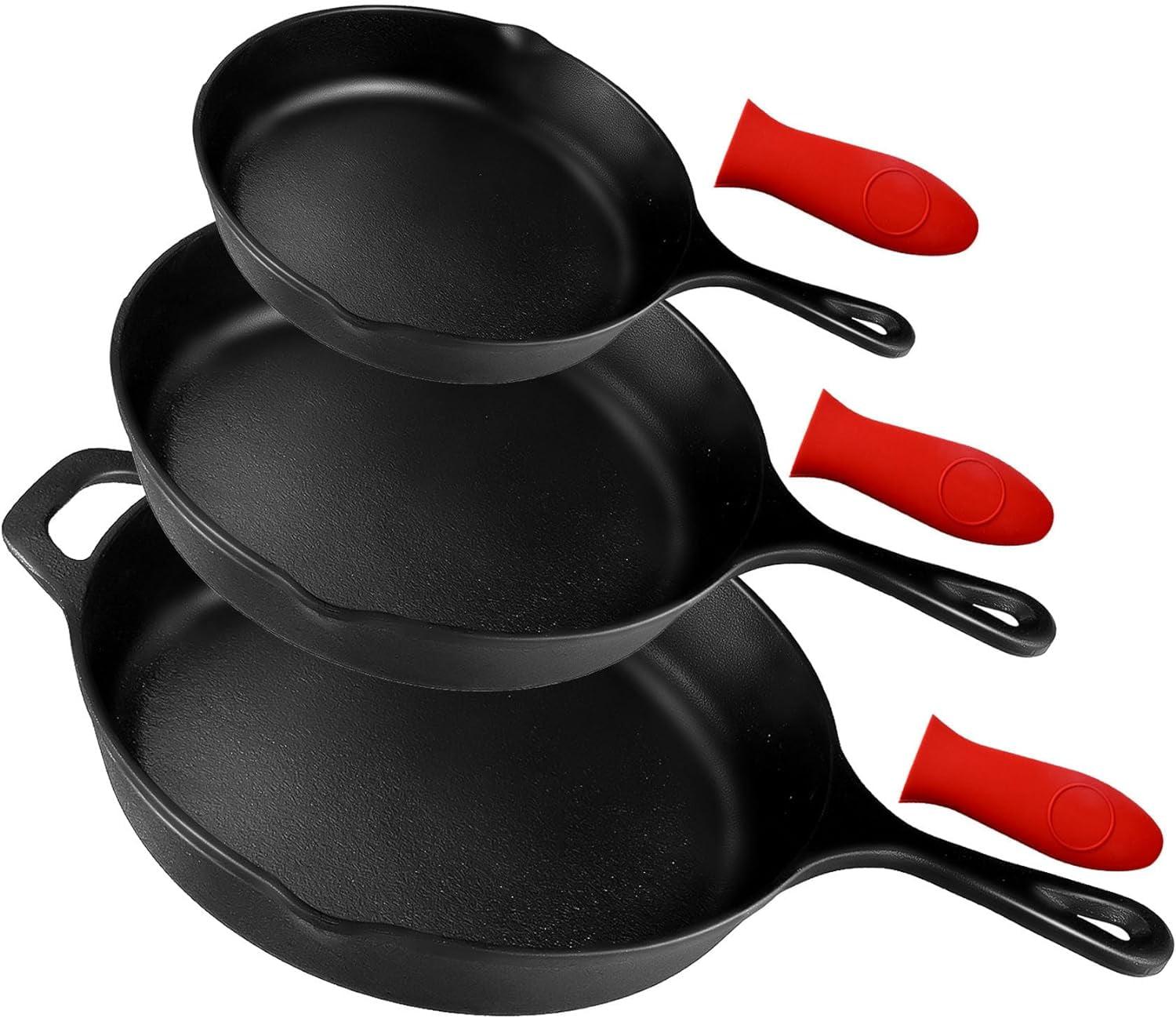 Pre-Seasoned Cast Iron Skillet Set of 3 | 6", 8" & 10" Cast Iron Frying Pans with 3 Heat-Resistant Holders - Indoor and Outdoor Use - Oven Grill Stovetop Induction Safe Cookware