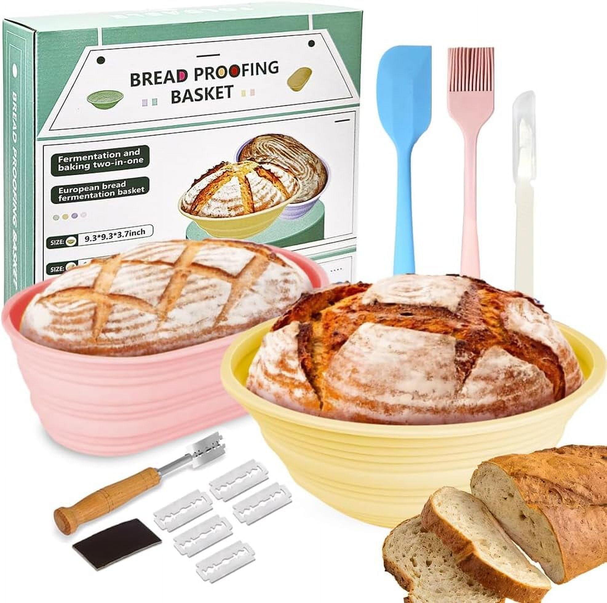 Premium Banneton Bread Proofing Basket Set of 2 - Silicone Sourdough Starter Kit 10 Inch Oval & 9 Food Grade Silicone Material Practical Bread Making Starter Kit