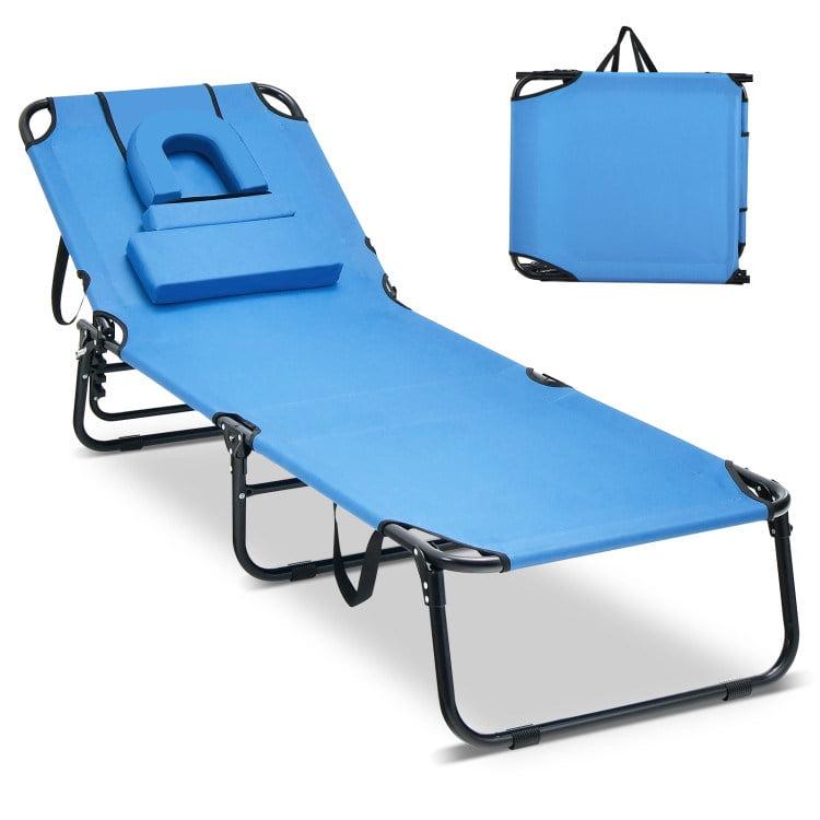 Coastal Comfort Navy Blue Folding Beach Lounger with Face Hole