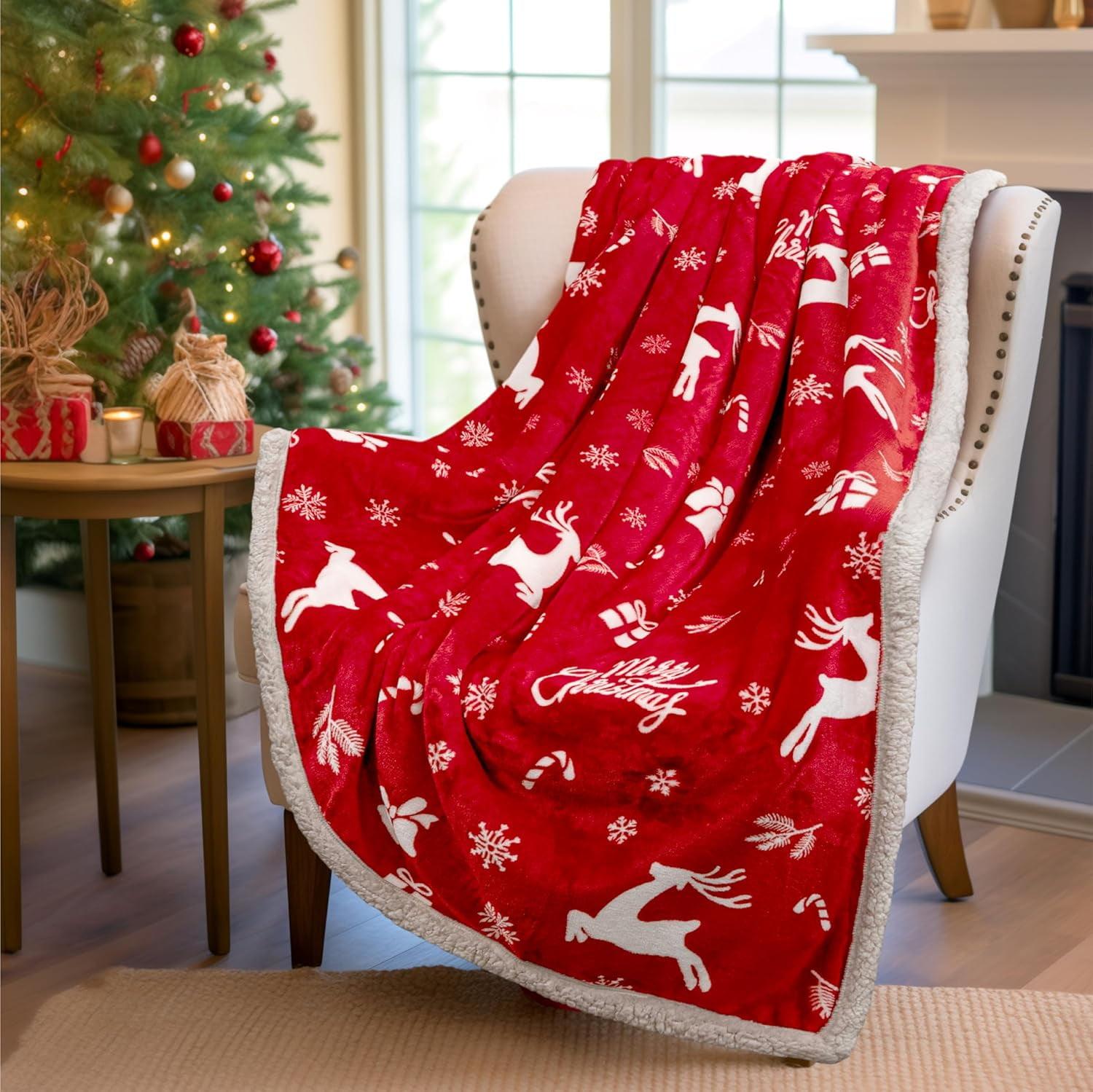 Red Reindeer Christmas Fleece Sherpa Throw Blanket 50x60''