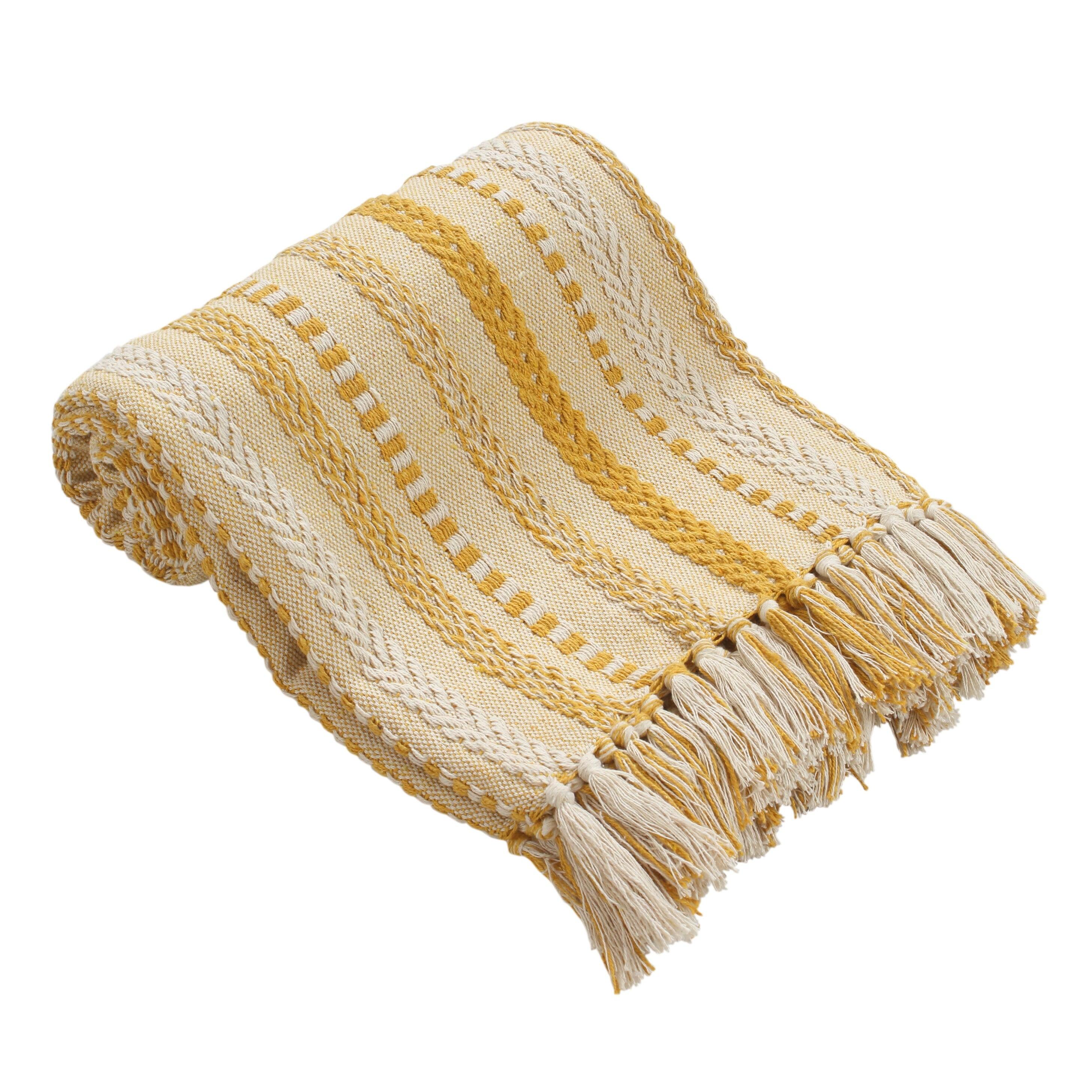 Farm Mustard Cotton Throw Blanket with Tassels, 50x60 Inches