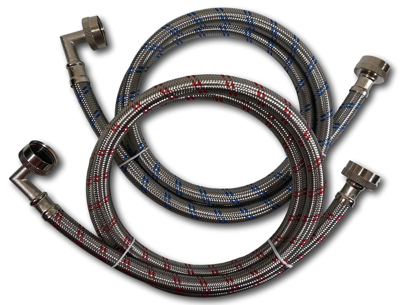 Premium Stainless Steel Washing Machine Hoses with 90 Degree Elbow, 6 Ft Burst Proof 2 Pack Red and Blue Striped Water Connection Inlet Supply Lines - Lead Free