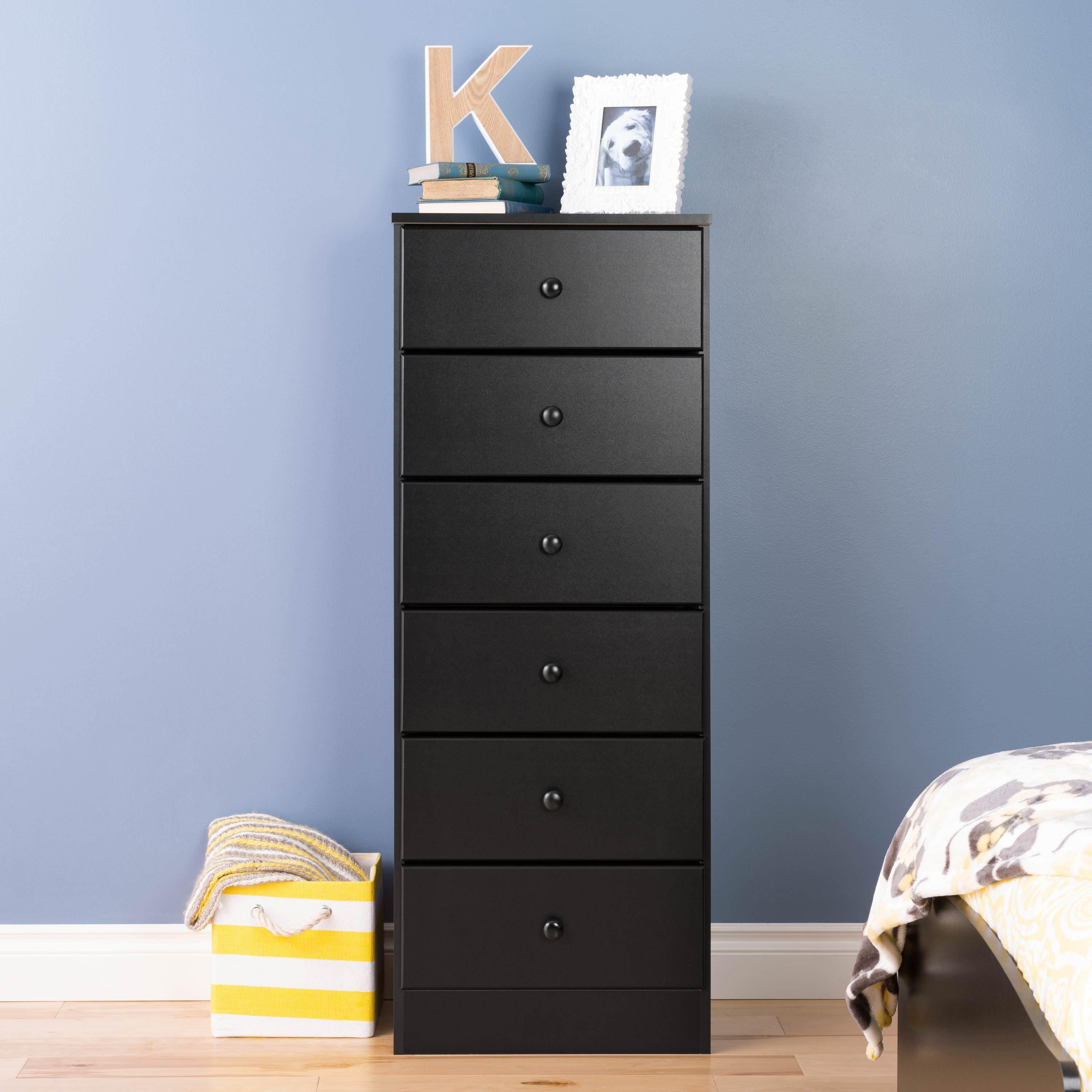 Sleek Deep Black Tall Dresser with Crystal Knobs and Spacious Drawers