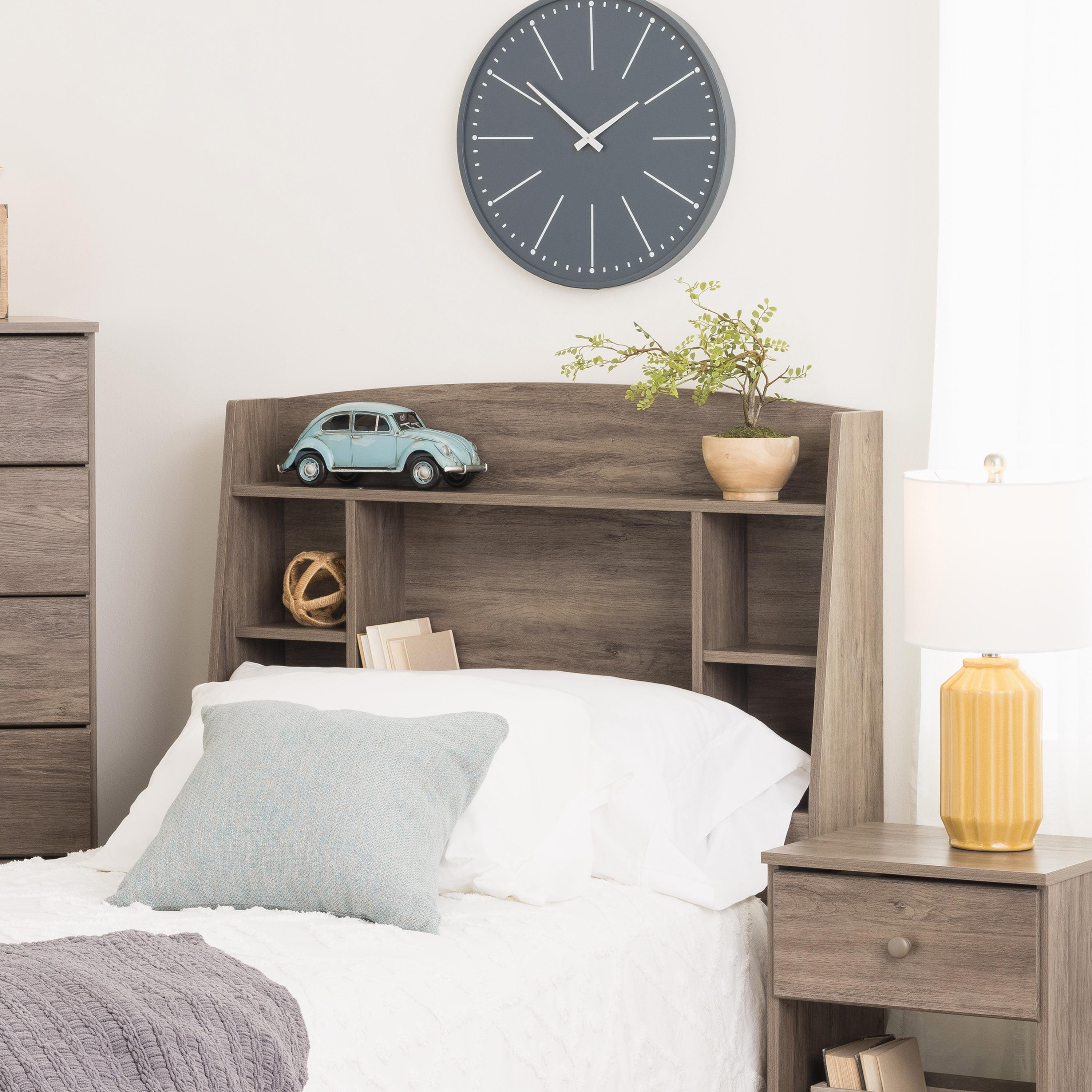 Gray Twin Wood Bookcase Headboard with Storage