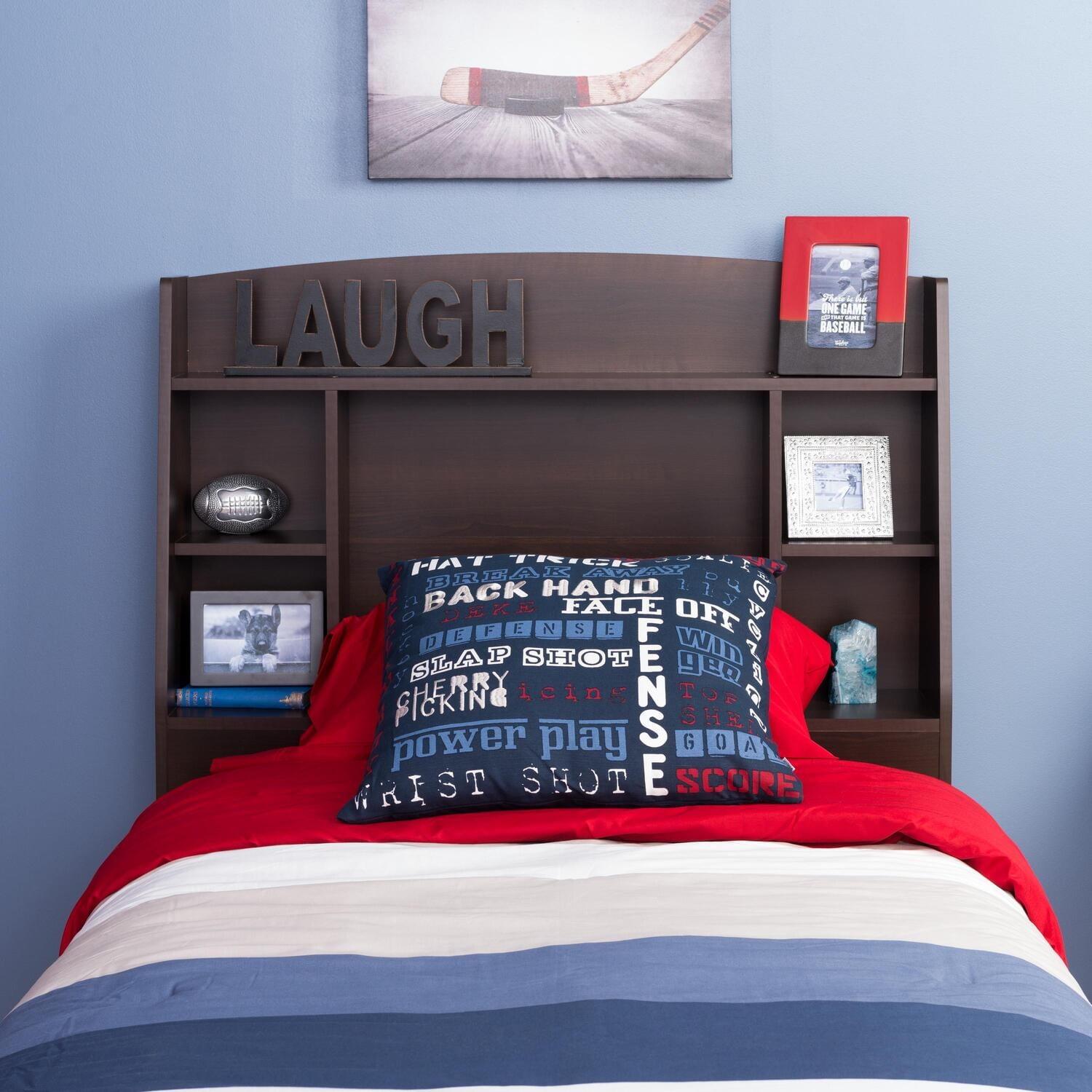 Espresso Twin Wood Bookcase Headboard with Storage