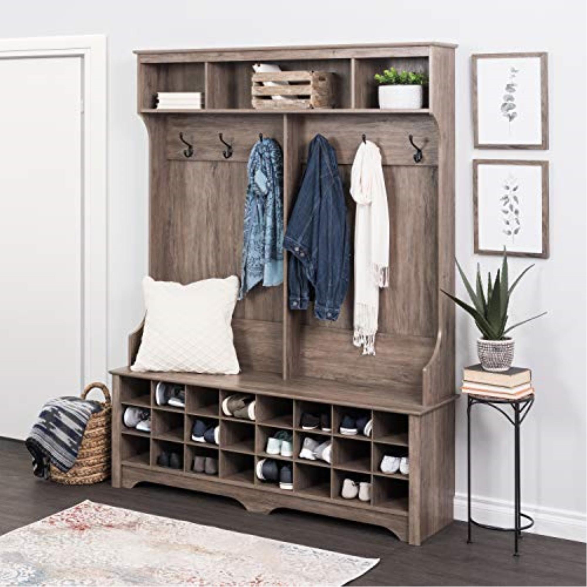 60" Wide Hall Tree with 24 Shoe Cubbies Drifted Gray - Prepac: Bench & Coat Rack Storage