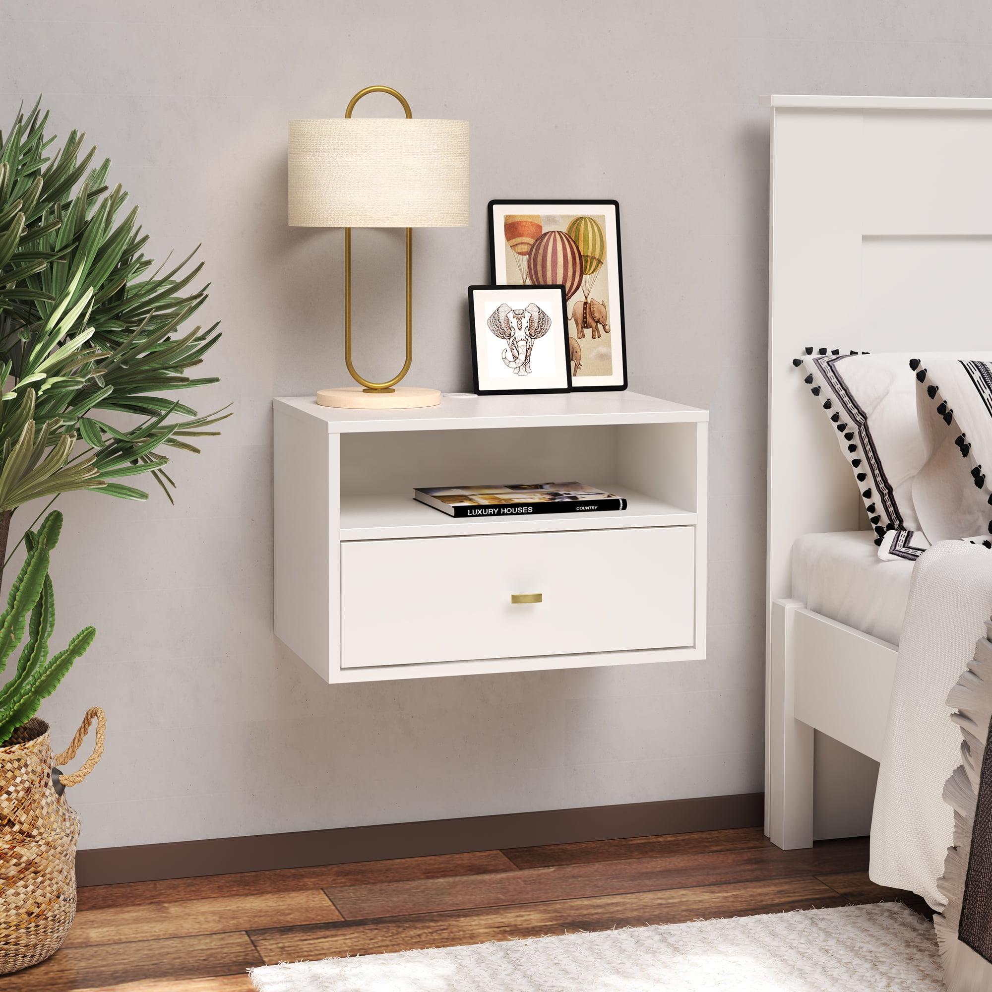 Sleek White Floating Nightstand with Drawer and Cord Management