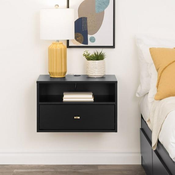 Floating 1 Drawer Nightstand with Open Shelf Black - Prepac: Modern Wall-Mounted Design, Cable Management, Laminated Surface