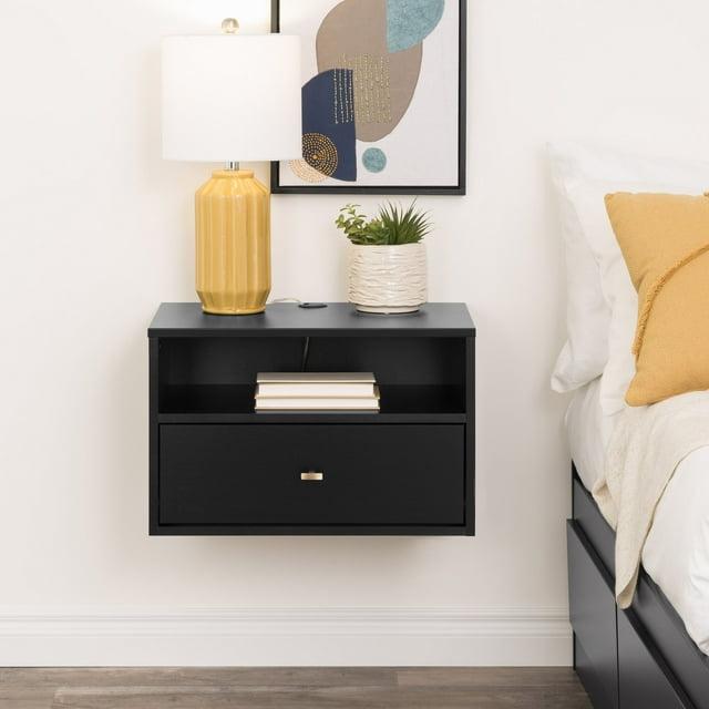 Floating 1 Drawer Nightstand with Open Shelf Black - Prepac: Modern Wall-Mounted Design, Cable Management, Laminated Surface