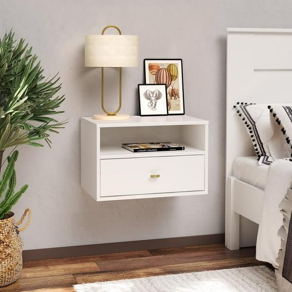 Prepac Floating 1 Drawer Nightstand with Open Shelf White: Modern Wall-Mounted Bedside Furniture with Cable Management & Metal Glides