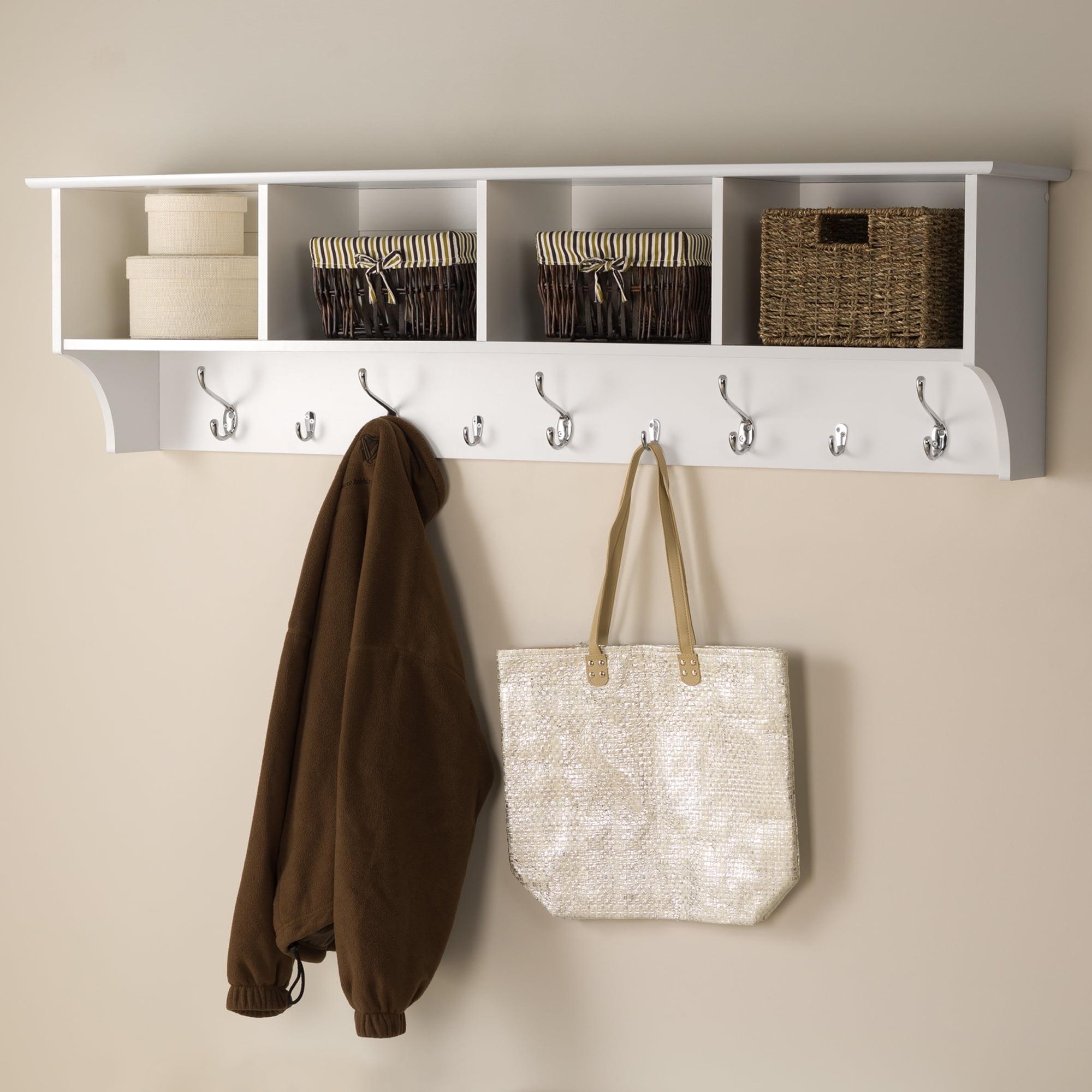 Expansive White Laminated Entryway Hanging Shelf with Hooks