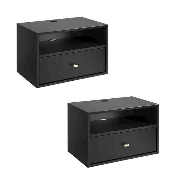 Floating 1 Drawer Nightstand with Open Shelf Black - Prepac: Modern Wall-Mounted Design, Cable Management, Laminated Surface