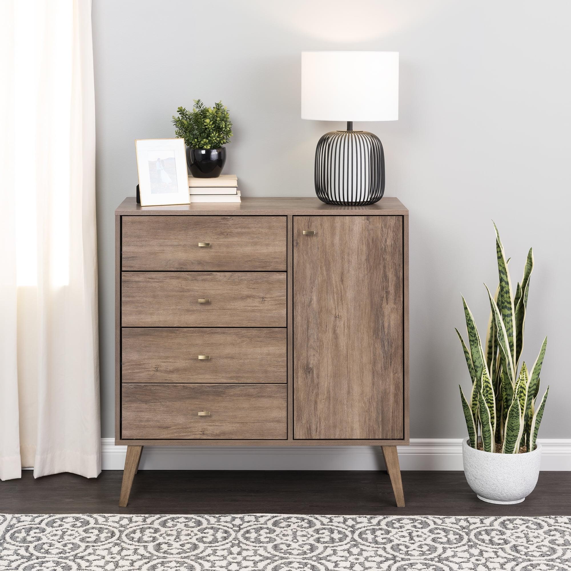 Prepac Milo Mid-Century Modern 4 Drawers Chest with Door Drifted Gray: Laminated Storage, Metal Glides, Adjustable Shelf
