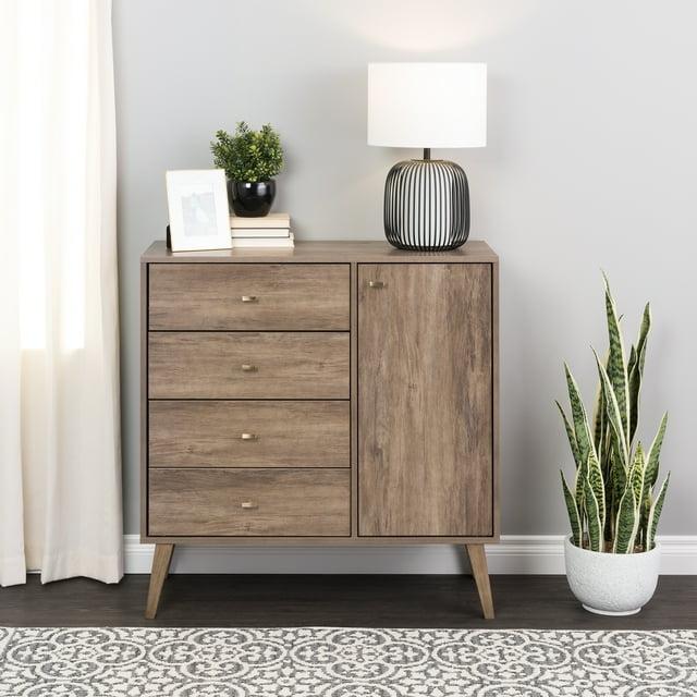 Prepac Milo Mid-Century Modern 4 Drawers Chest with Door Drifted Gray: Laminated Storage, Metal Glides, Adjustable Shelf