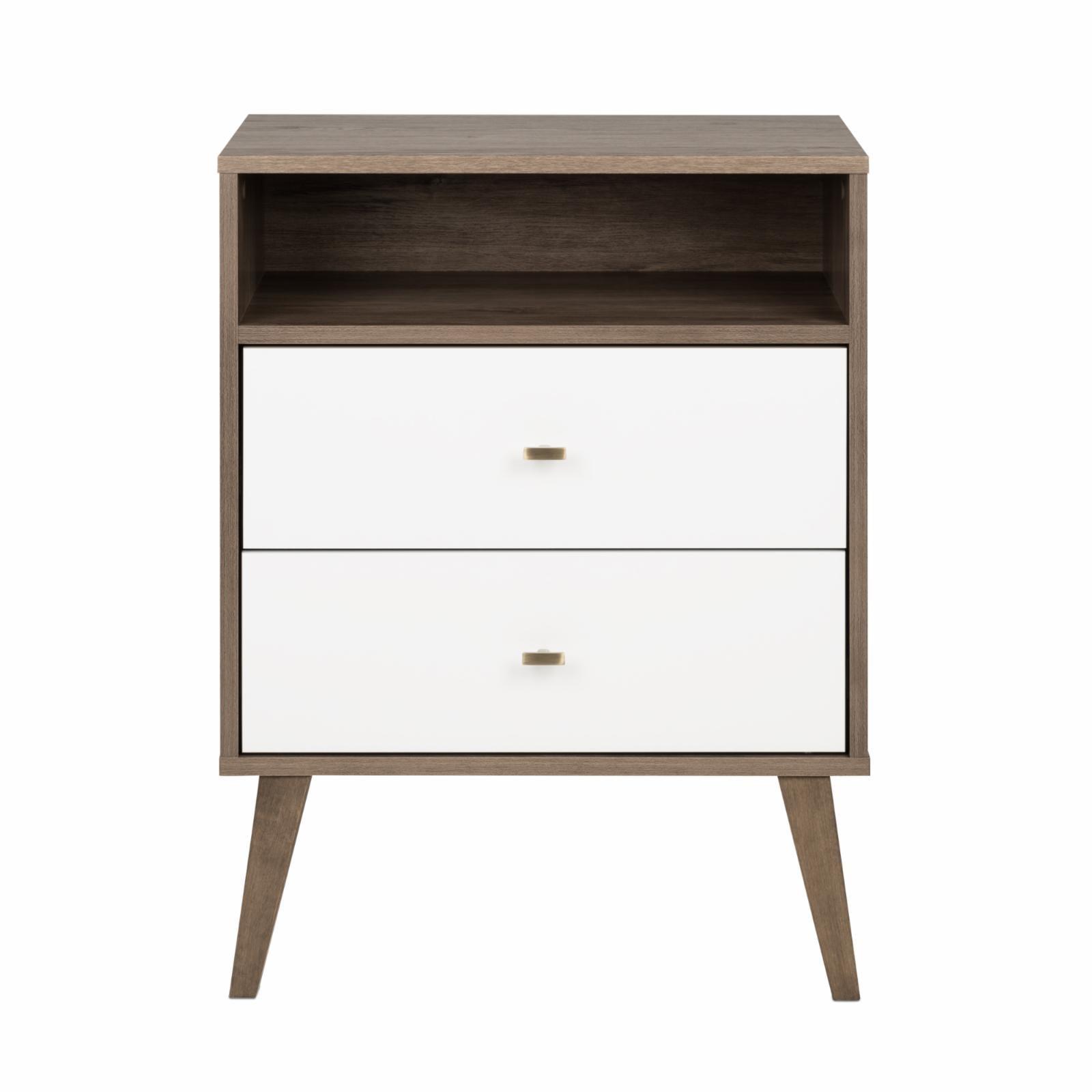 Mid-Century Modern Drifted Gray and White 2-Drawer Nightstand with Shelf