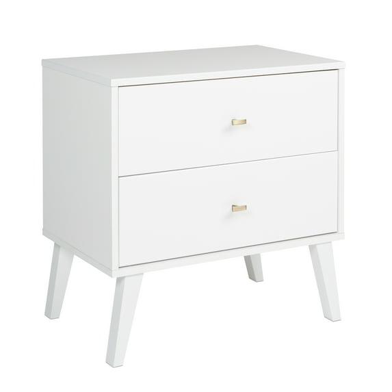 Mid Century Modern 2 Drawer Wide Nightstand White - Prepac: Sleek Bedside Table, Tapered Legs