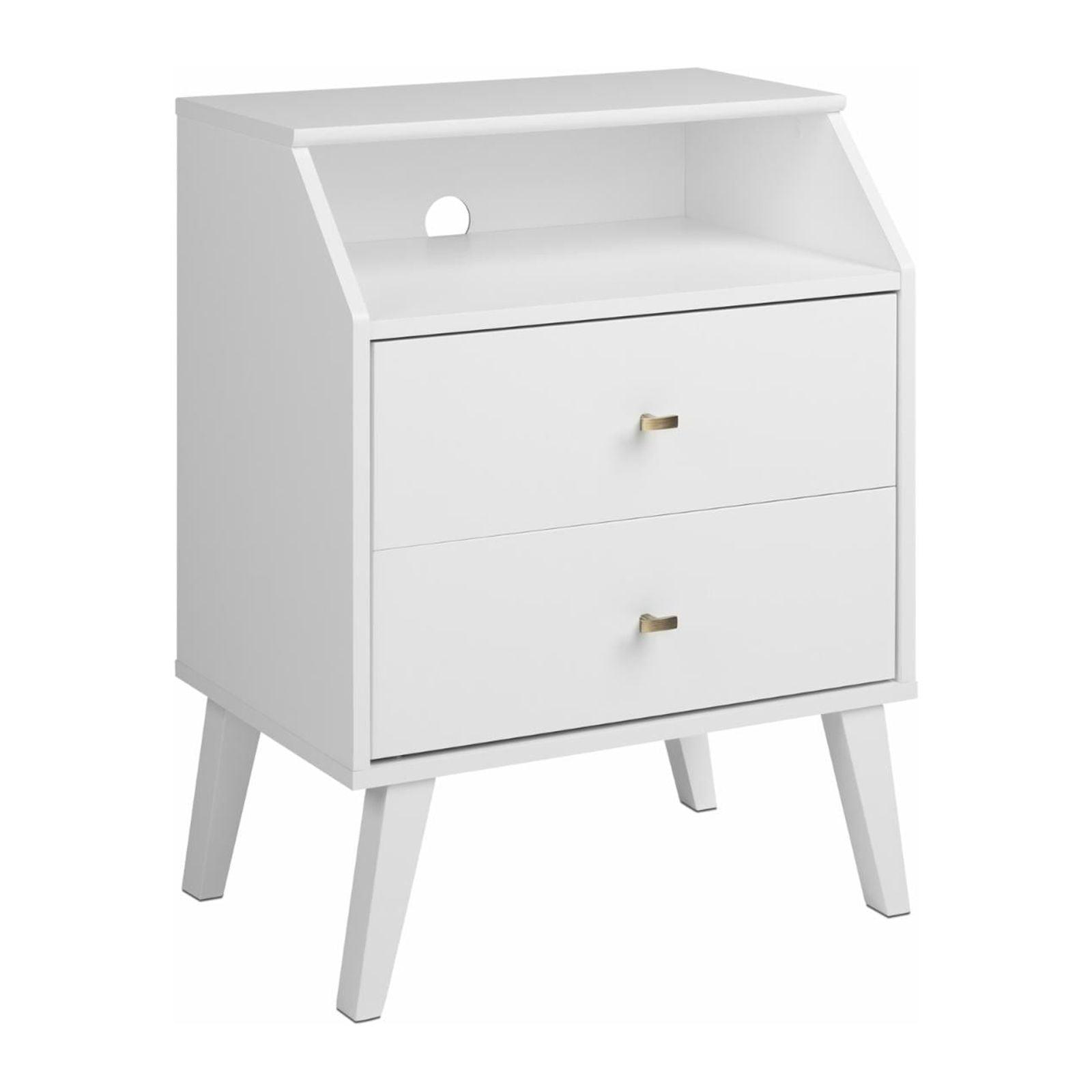 White Mid Century Modern 2-Drawer Nightstand with Brass Knobs