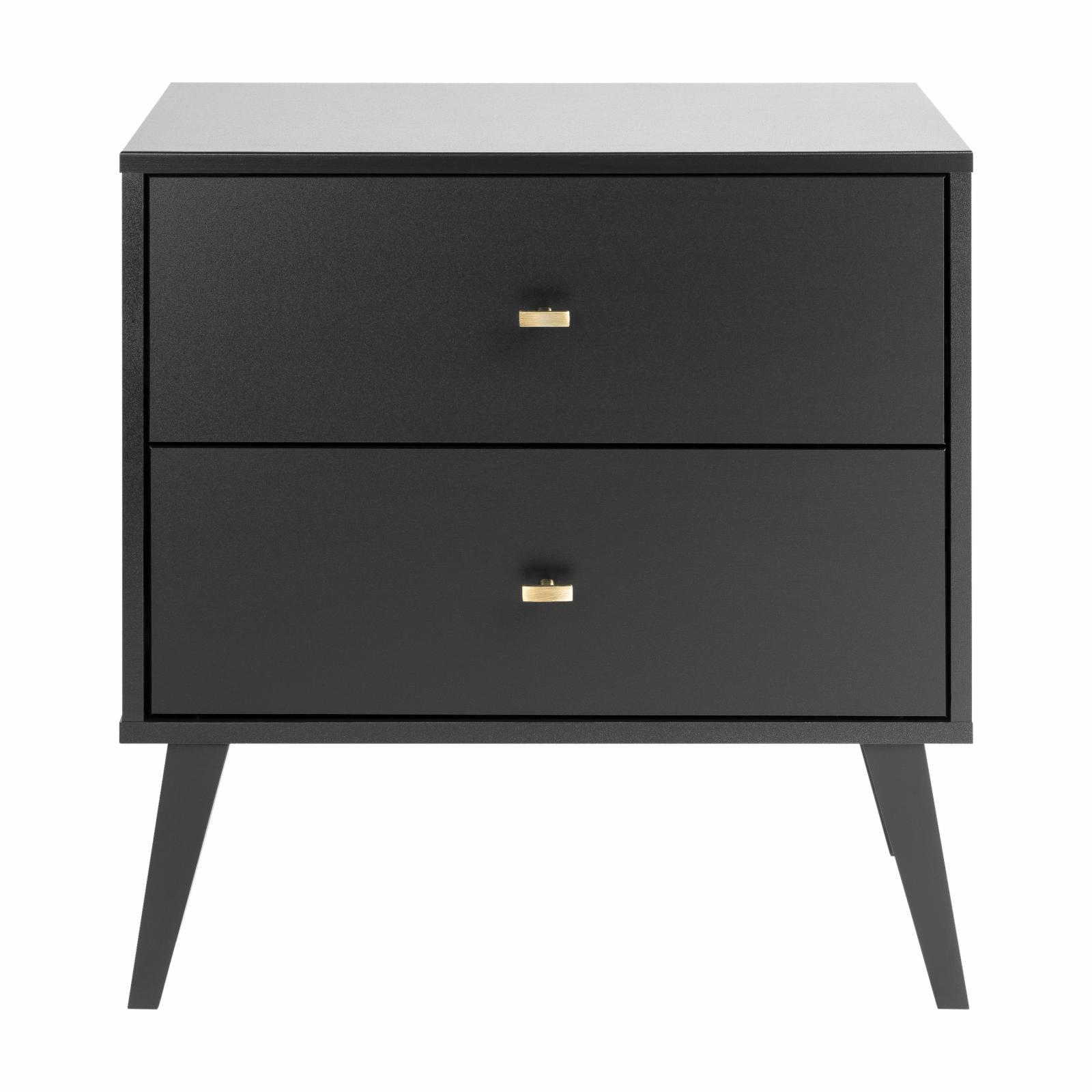 Mid Century Modern 2 Drawer Wide Nightstand Black - Prepac: Sleek Bedside Furniture, Tapered Legs