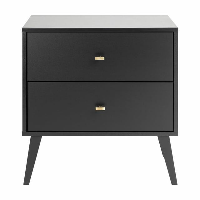Mid Century Modern 2 Drawer Wide Nightstand Black - Prepac: Sleek Bedside Furniture, Tapered Legs