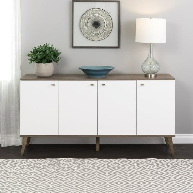 Milo Mid-Century Modern 4 Door Buffet Server Gray/White - Prepac: Laminated Composite Wood, Adjustable Shelves