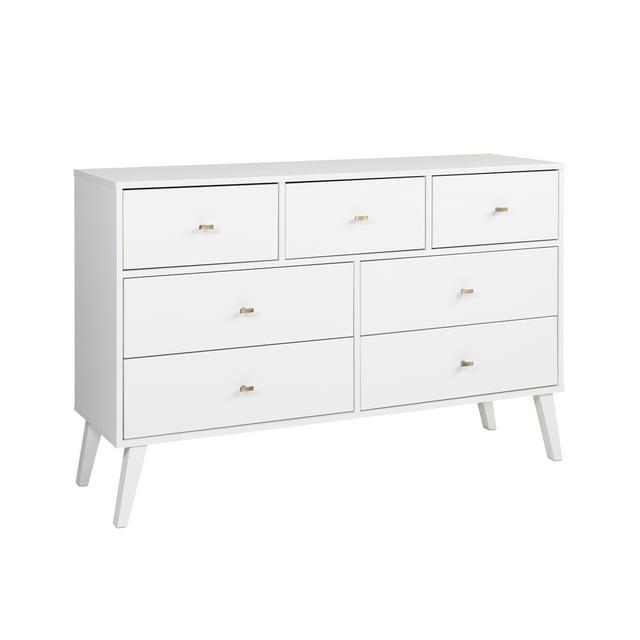 Prepac 7 Drawer Milo Mid-Century Modern Dresser White: Laminated, Metal Glides, MDF Composite