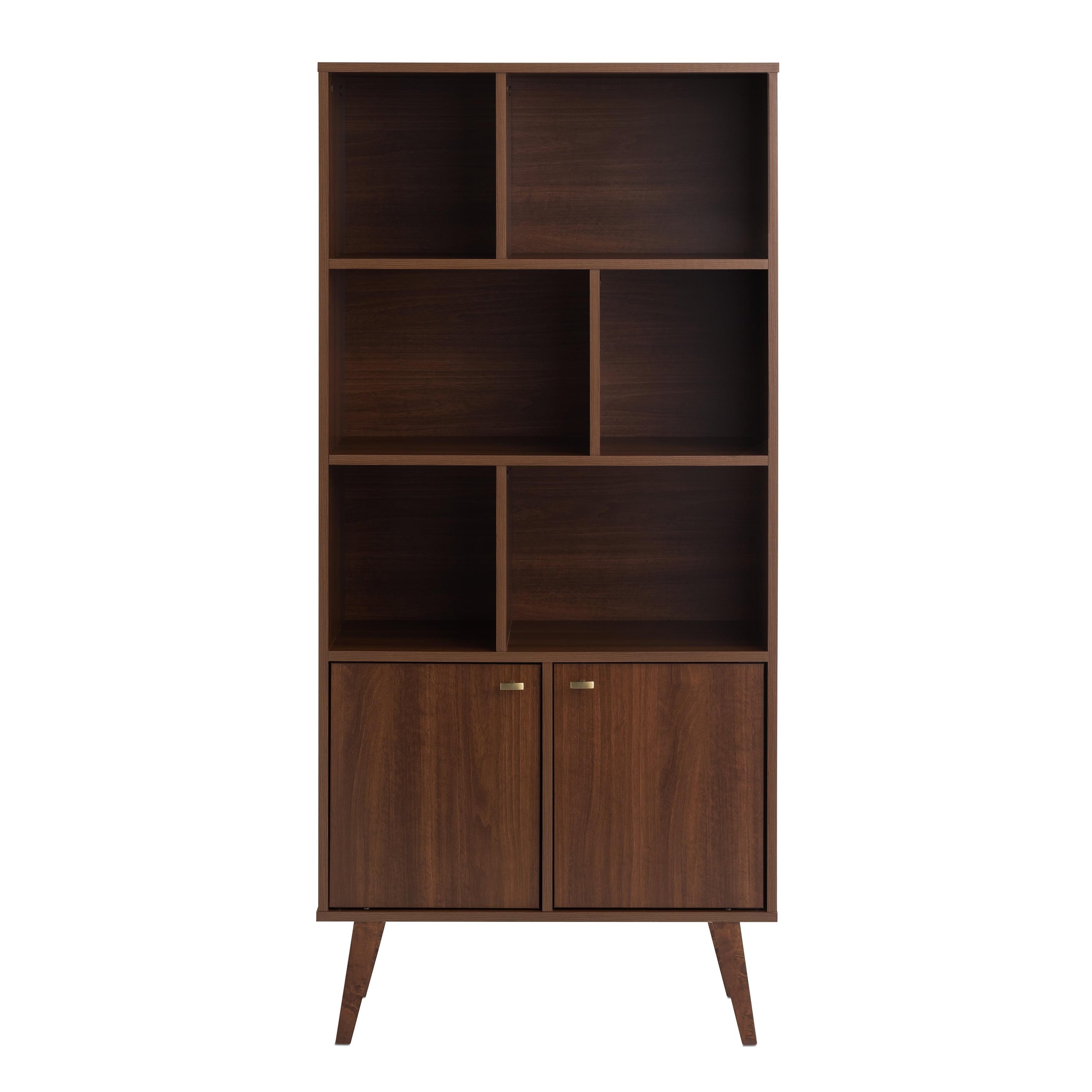 Black Wood Mid-Century Modern Bookcase with Doors and Cubes